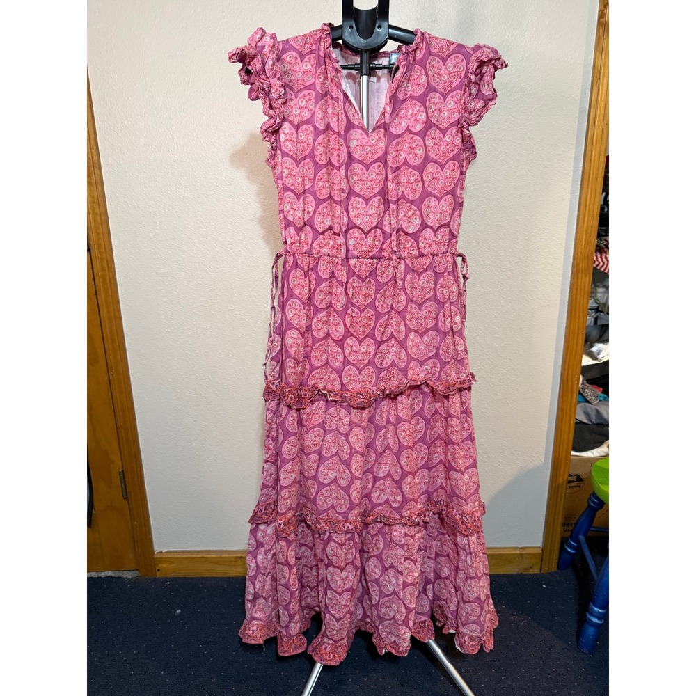 Victoria Dunn Pink Heart Floral Tiered Maxi Dress Ruffle Flutter Sleeve Small